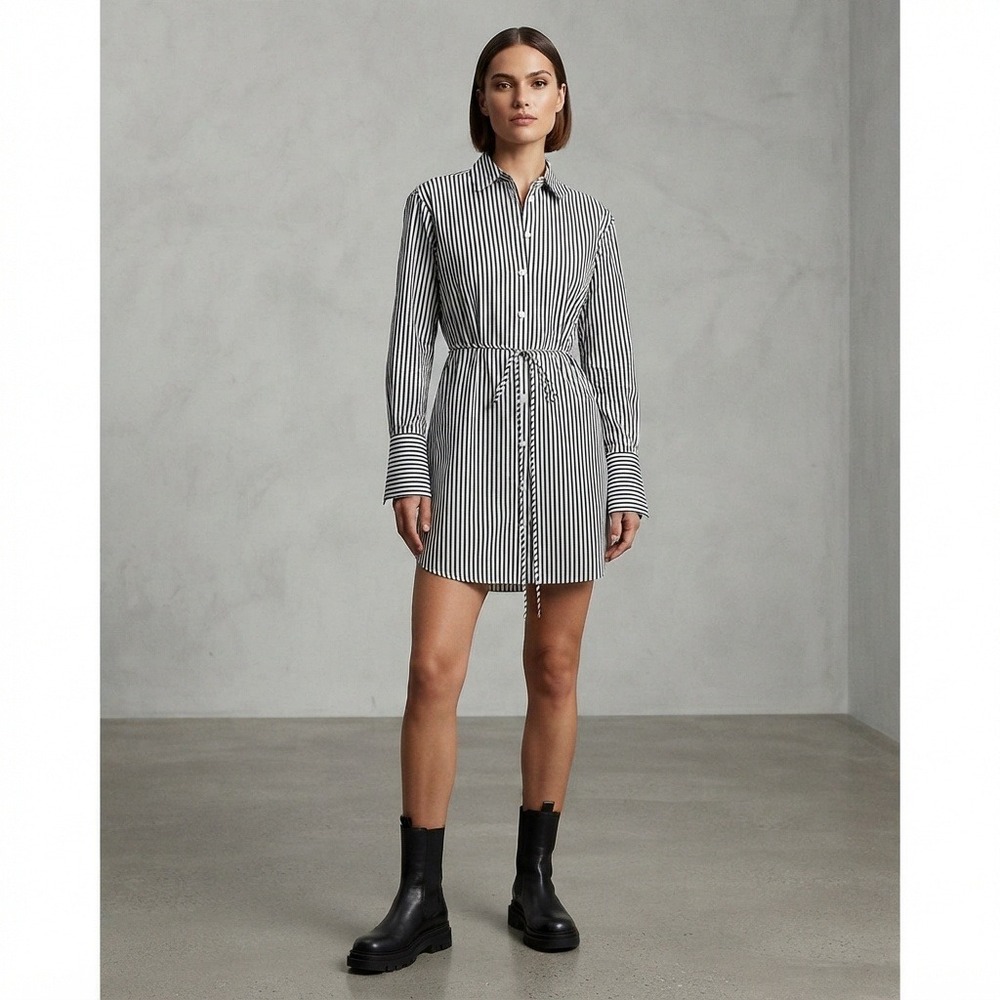 Frame Shirt Dress Women long sleeve XS Black White Collard button Striped Belted